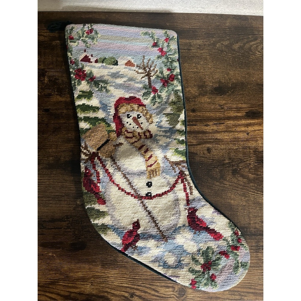 Vintage Needlepoint Christmas Stocking Snowman Green Velvet Back